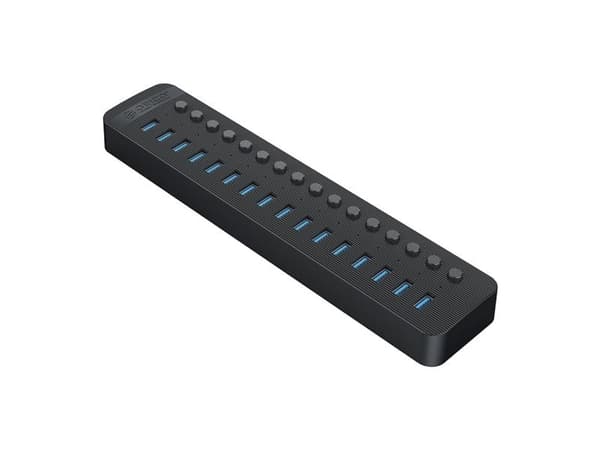 USB-A 3.0 16-porttinen HUB kytkimellä - musta
