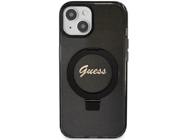 Guess ringstativ script glitter MagSafe-skal för iPhone 14 / 15 / 13 - svart