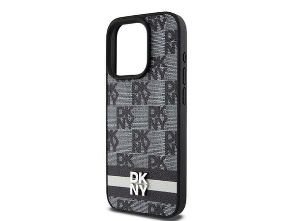 Deklas DKNY PU Leather Checkered Pattern and Stripe Case for iPhone 15 Pro Juodas