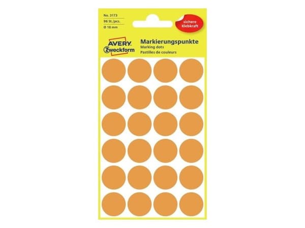 Etiket Avery lys orange Ø18 mm - (4 ark x 24 stk.)