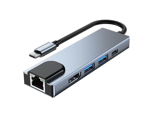 Tech-Protect V3 hubb 5-i-1 USB-C - USB-A 3.0 / USB-A 2.0 / USB-C / HDMI / RJ45 - grå
