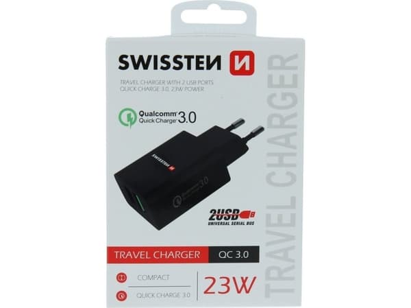 Swissten Premium Nettverkslader 2x USB / QC3.0 23W Sort