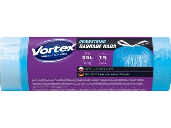 BAGS GARBAG VORTEXDRAWSTR BLU 35L 15-pack