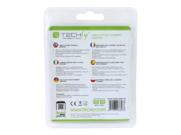 Techly IDATA ADAP-USB2TY2, Langallinen, USB, Ethernet, 100 Mbit/s, Valkoinen