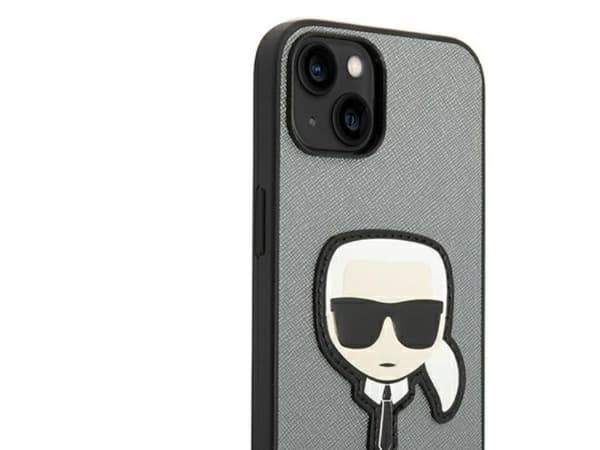 Karl Lagerfeld Saffiano Karl's Head patch-skal för iPhone 14 Plus - silver