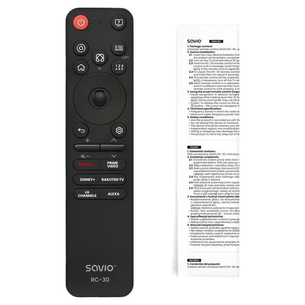 Savio RC-30, IR/Bluetooth, Tryckknappar, Svart