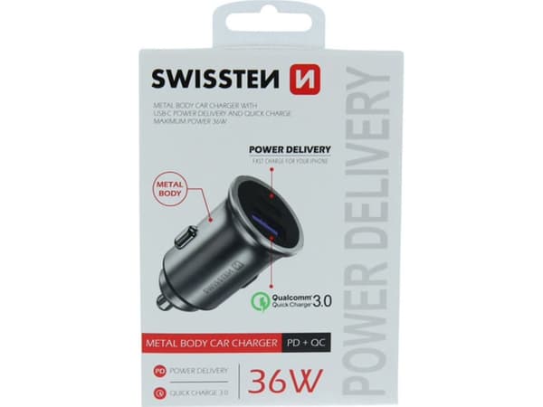 Bil-lader Swissten 36W, 2 porter USB-C, USB-A