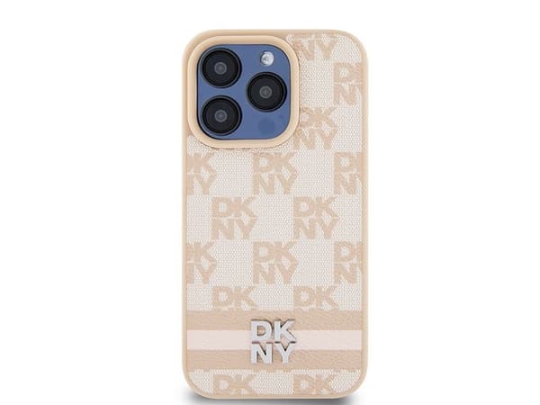 Deklas DKNY PU-lær-etu i rutemønster med striper til iPhone 15 Pro Max roze