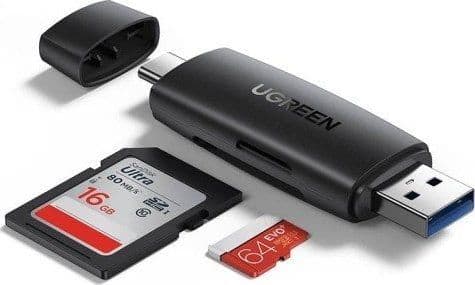 USB + USB-C-adapter UGREEN CM304 SD + microSD-kortläsare (svart)