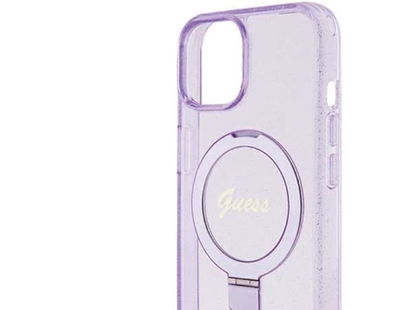 Guess Ring Stand Script Glitter MagSafe-skydd till iPhone 15 Plus / 14 Plus - lilla