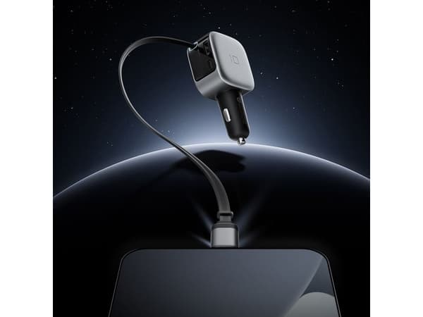 Cuktech CC903P 100W Car Charger with Display and 70cm Retractable USB-C Cable - Gray