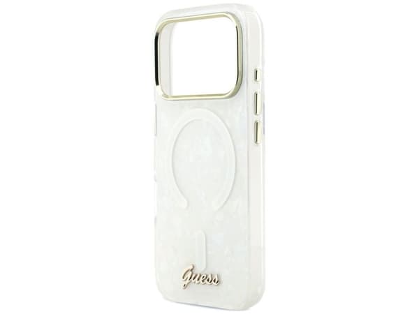 Guess IML Shell Script Metal MagSafe suojakotelo iPhone 17 Pro Maxille - valkoinen