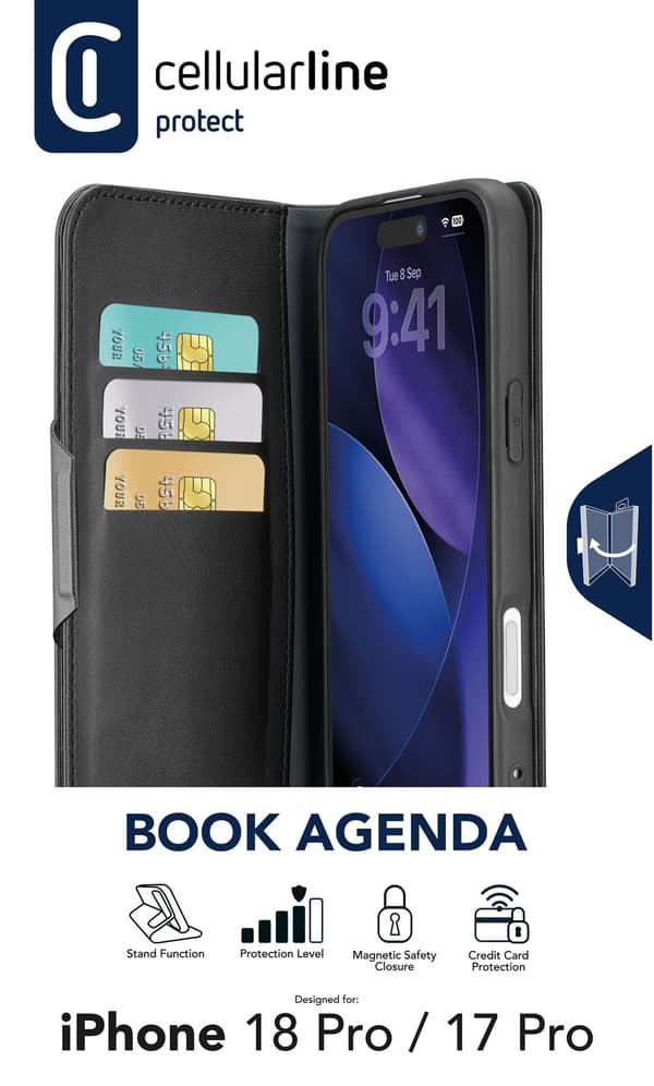 Cellularline BOOKAG2IPH18PROK, Folio-kotelo, Apple, iPhone 18 Pro, 16 cm (6.3"), Musta