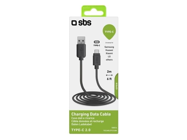 SBS Mobile USB-A - USB-C 2 m USB-kaapeli Musta (1027841)