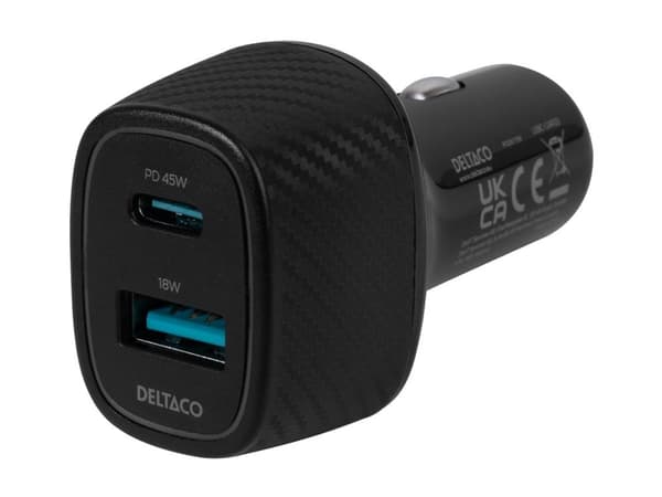 DELTACO - Strömadapter för bil - 63 Watt - PD - 2 utdatakontakter (USB-C, USB)