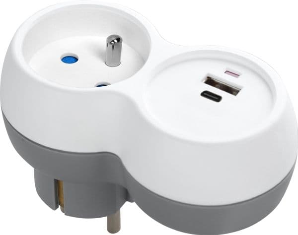 Orno grenuttak 2P+Z, USB-A+C, hvit-grå