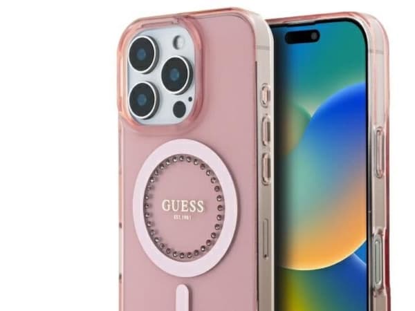 Guess IML rhinestones MagSafe iPhone 16 Pro Max deksel – Rosa
