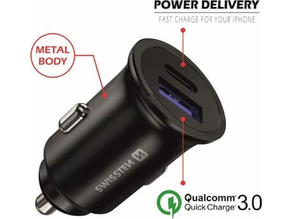 Swissten bil­lader SWISSTEN 36W 2-port USB-C, USB-A
