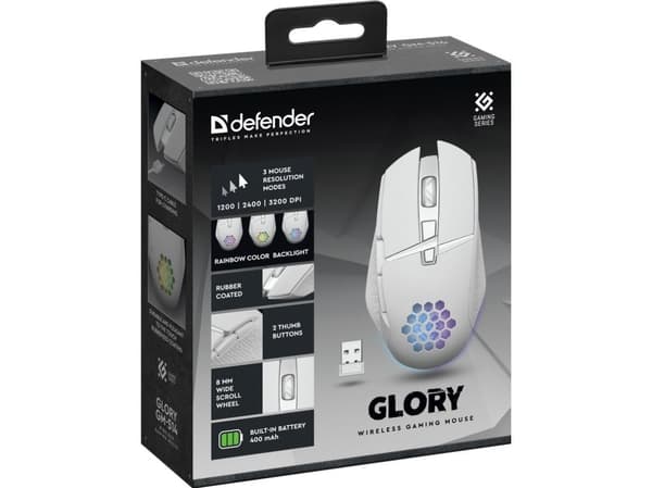 Defender GLORY GM-514, högerhand, Optisk, RF Trådlös, 3200 DPI, Vit