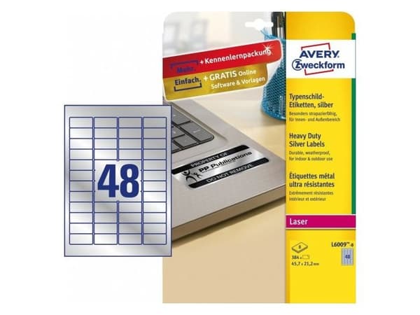 Avery L6009-8, Sølv, Selvklebende skriveretikett, A4, Polyester, Laser, Permanent