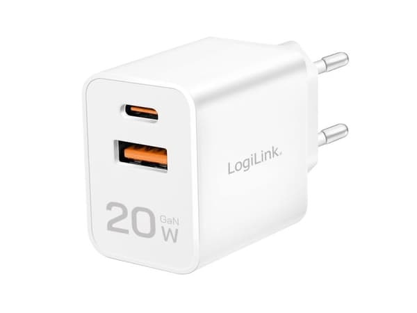 LogiLink Dual USB-verkkolaite, 20 W, GaN, 1x USB-C (PD), 1x USB-A, valkoinen