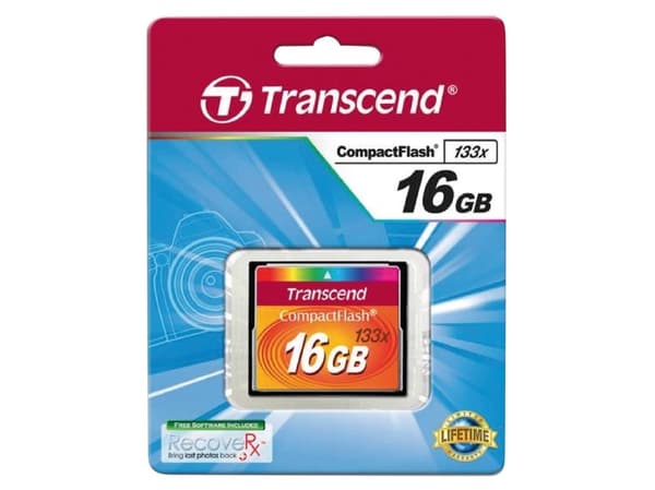 Transcend TS16GCF133, 16 GB, CompactFlash, MLC, 50 MB/s, 20 MB/s, musta