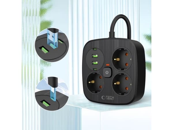 TECH-PROTECT PCS3X4 POWER STRIP 2 USB & 2 TYPE-C & 3 SOCKET 200CM BLACK