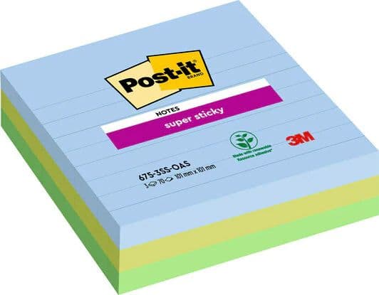 Notes, Post-it, Super sticky, assorteret 101x101mm, pakke a 3 stk