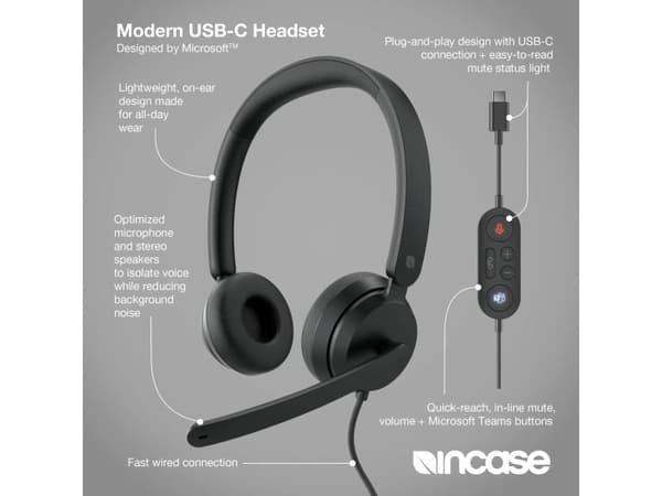 Incase Designed by Microsoft Modern USB-C Headset, Kabel, Kontor/callcenter, Headset, Svart