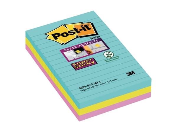 Post-it® Super Sticky Notes Cosmic, 3 linjerede blokke, 101 mm x 152 mm