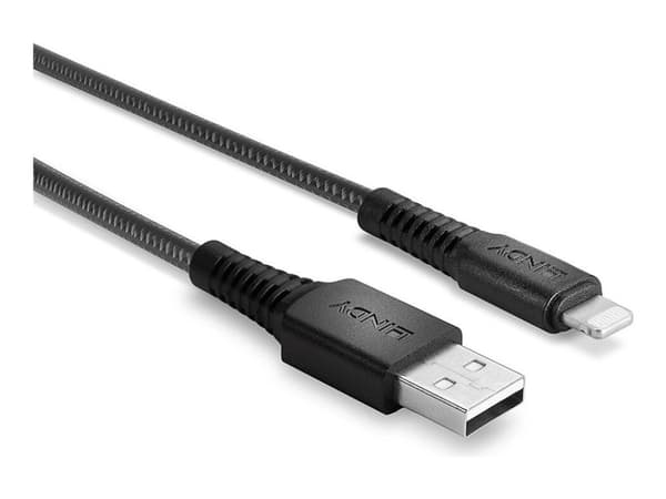 Lindy 31292, 2 m, Lightning, USB A, Uros, Uros, Musta