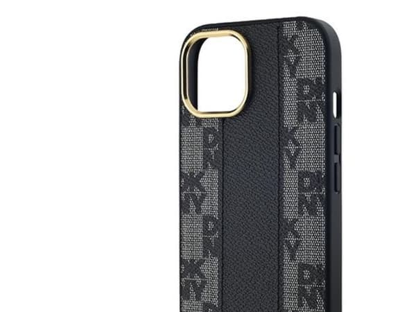 DKNY Leather Checkered Mono Pattern MagSafe Case for iPhone 14/15/13 - Black