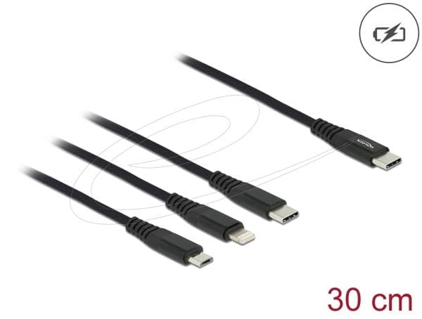 DeLOCK 87148, 0,3 m, USB C, USB C/Micro-USB B/Lightning, USB 2.0, Musta