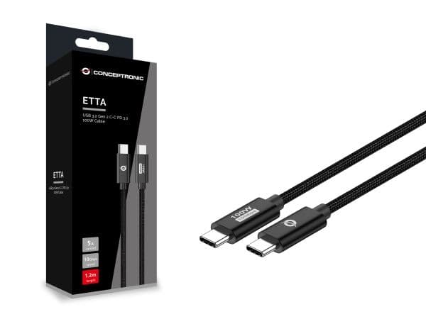 CONCEPTRONIC USB-C 3.2–C -kaapeli, 100 W/QC, 10 Gbps, 1,20 m, musta