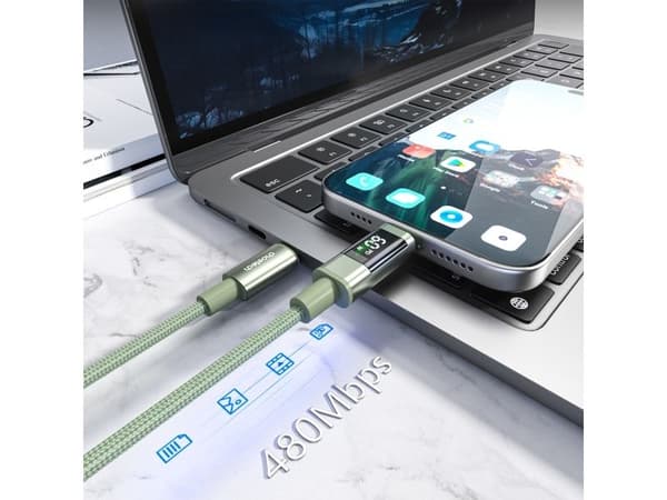 USB-kabel Choetech PD60W USB-C till USB-C med digital display 1,2 m nylon - grön