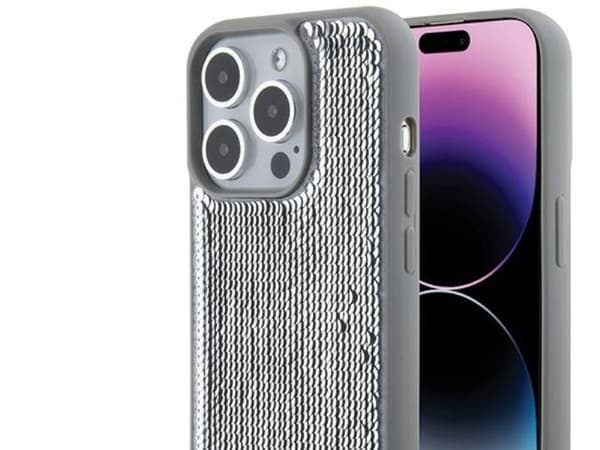 Guess paljettskripts metallskal för iPhone 15 Pro - silver
