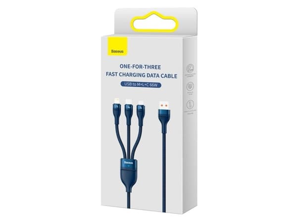 Baseus Flash Series 3-in-1 USB Cable, USB-C + micro USB + Lightning, 66W, 1.2m (blue)