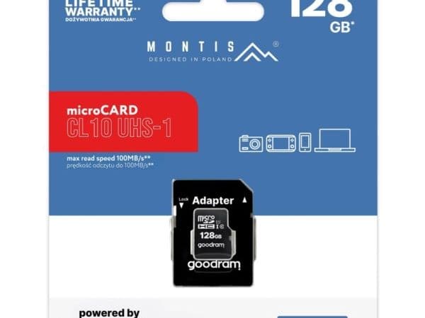 128GB CL10 microSD-muistikortti + sovitin MT072-128 Montis by Goodram