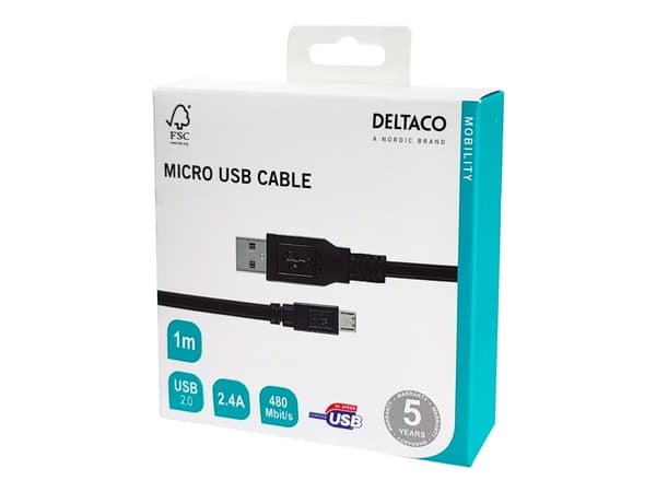 DELTACO MICRO-101 - USB-kaapeli - Micro-USB tyyppi B (uros) - USB (uros) - USB 2.0 - 1 m - musta