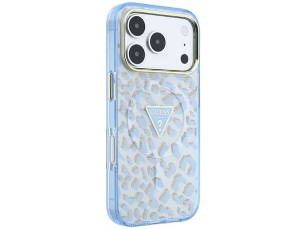 Guess IML Leopard Glitter Triangle Logo MagSafe Case for iPhone 17 Pro Max / 18 Pro Max - Blue