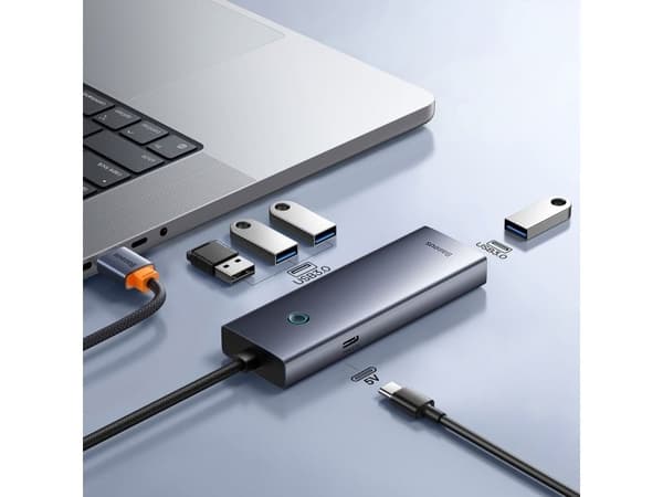 Baseus Hub USB-A Baseus UltraJoy -sarja 4xUSB-A 3.0 1xUSB-C 5 V 50 cm – harmaa