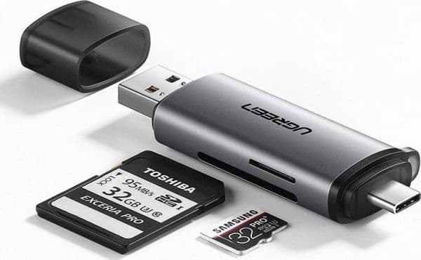 Ugreen - Kortleser - 2-i-1 (microSD, microSDHC, microSDXC, MMC, RS-MMC, SD, SDHC, SDXC) - USB 3.0/USB-C