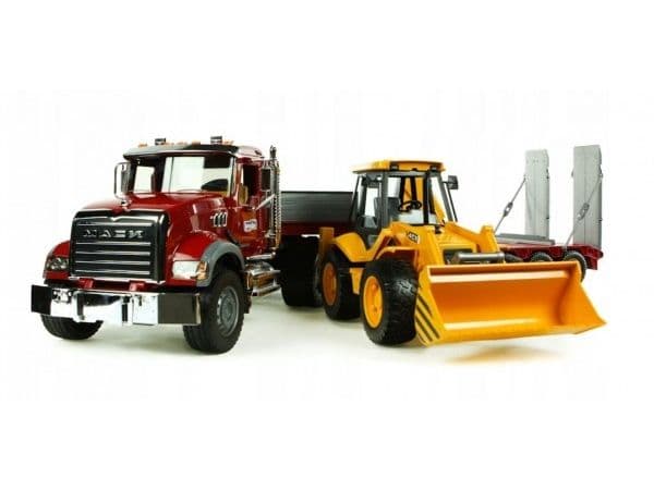 BRUDER - MACK Granite truck with low loader and JCB 4CX backhoe loader