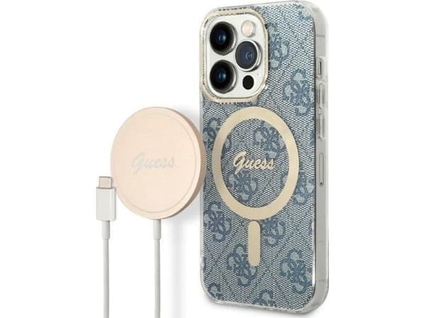 Guess lader-sett etui + trådløs lader GUBPP14LH4EACSB til Apple iPhone 14 Pro blå hard case 4G Print MagSafe