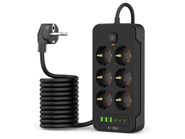 Tech-Protect grenuttag 6 uttag 2 m svart