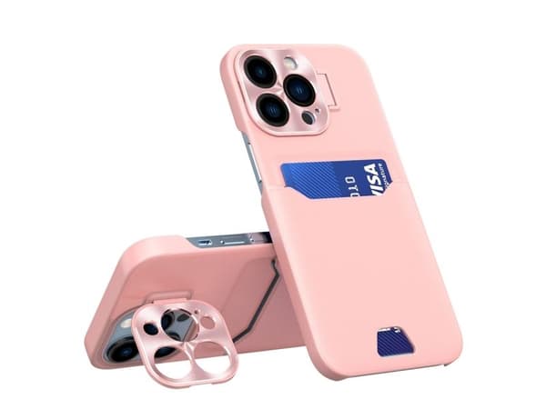 Lær stativ-etui til iPhone 14 Pro - kortholder med stativ - Rosa