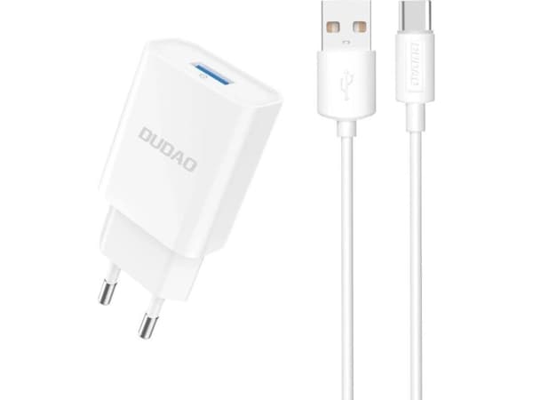 Nettlader Dudao A4EU USB-A 2.1A + USB-A til USB-C-kabel, hvit