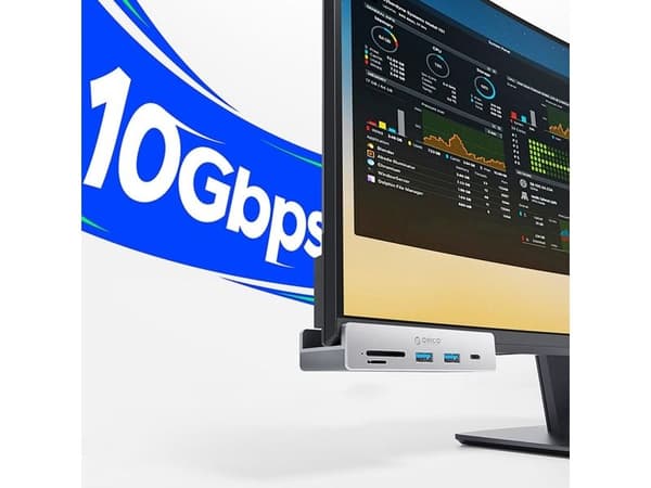 Orico USB-hub (klem-/montering) input: USB-C / output: 2× USB-A 3.2 + 1× USB-C 3.2 + SD&TF, sølv