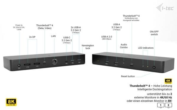 i-Tec - Dokkingstasjon - USB-C / USB4 / Thunderbolt 3 / Thunderbolt 4 / Thunderbolt 5 - 2 x DP, Thunderbolt 4 - 1GbE