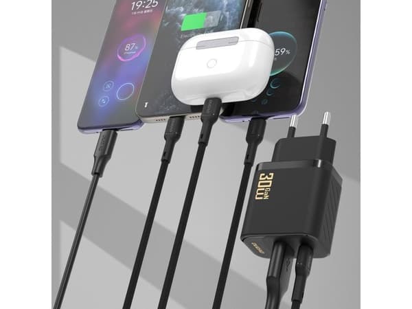 Dudao USB-nettlader USB-A til USB-C med USB-C-kabel GaN PD 30W - sort